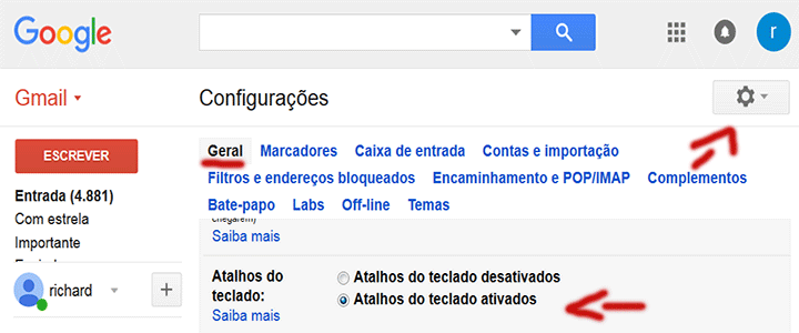 Página para habilitar os atalhos de teclado do Gmail