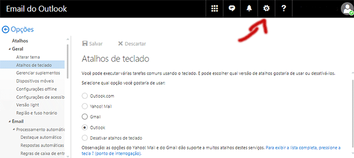 Atalhos de teclado do Outlook.com email