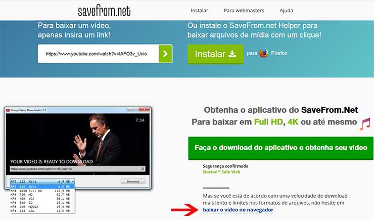 Baixar vídeos do Youtube site savefrom