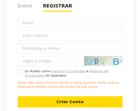 Formulário criar conta Gearbest