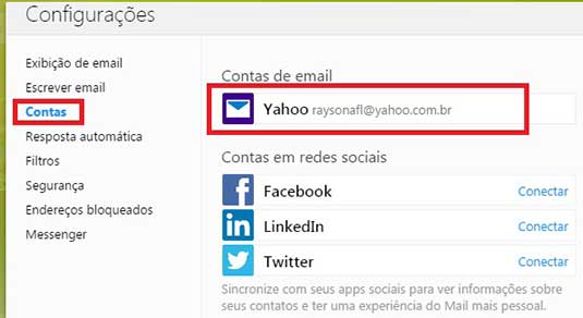 Painel com as contas de email Yahoo Mail