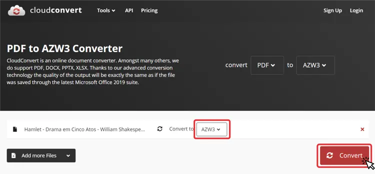 Converter online arquivo kindle - passo 3