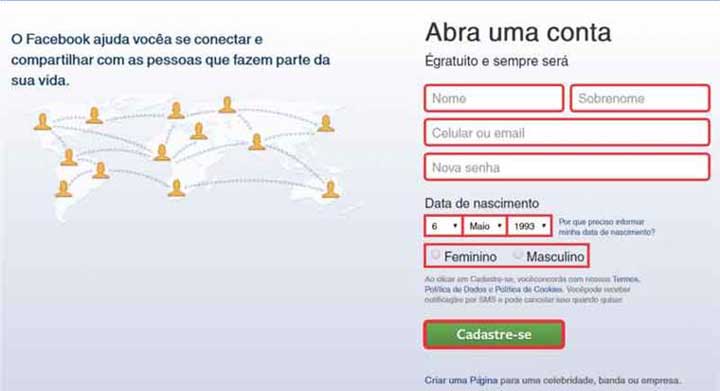 Página inicial para criar conta Facebook