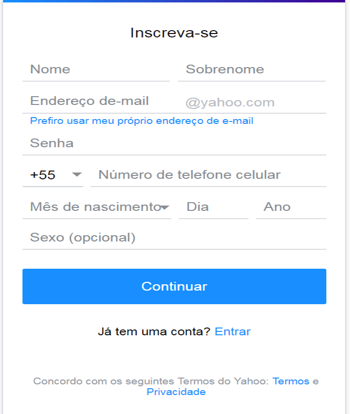 Criar conta yahoo mail