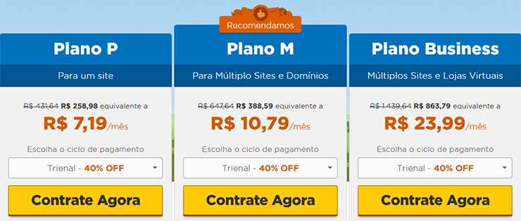 Página de planos para criar site Hostgator