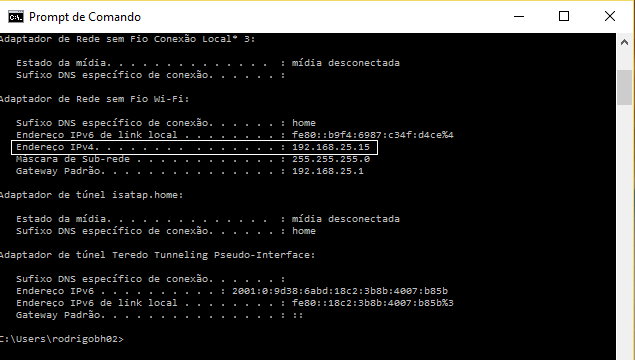 Tela Ipconfig para descobrir endereço ip