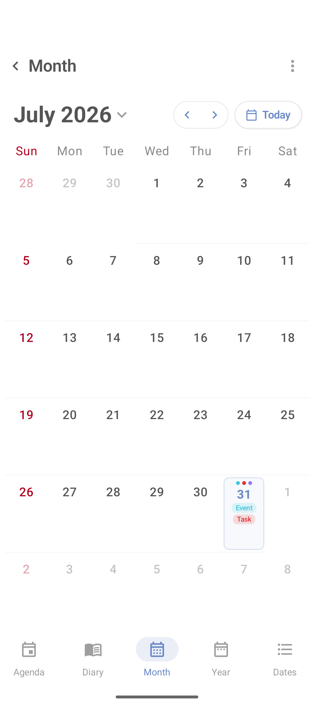 Calendário mensal do DicaNote mostrando julho de 2026 e a data atual destacada
