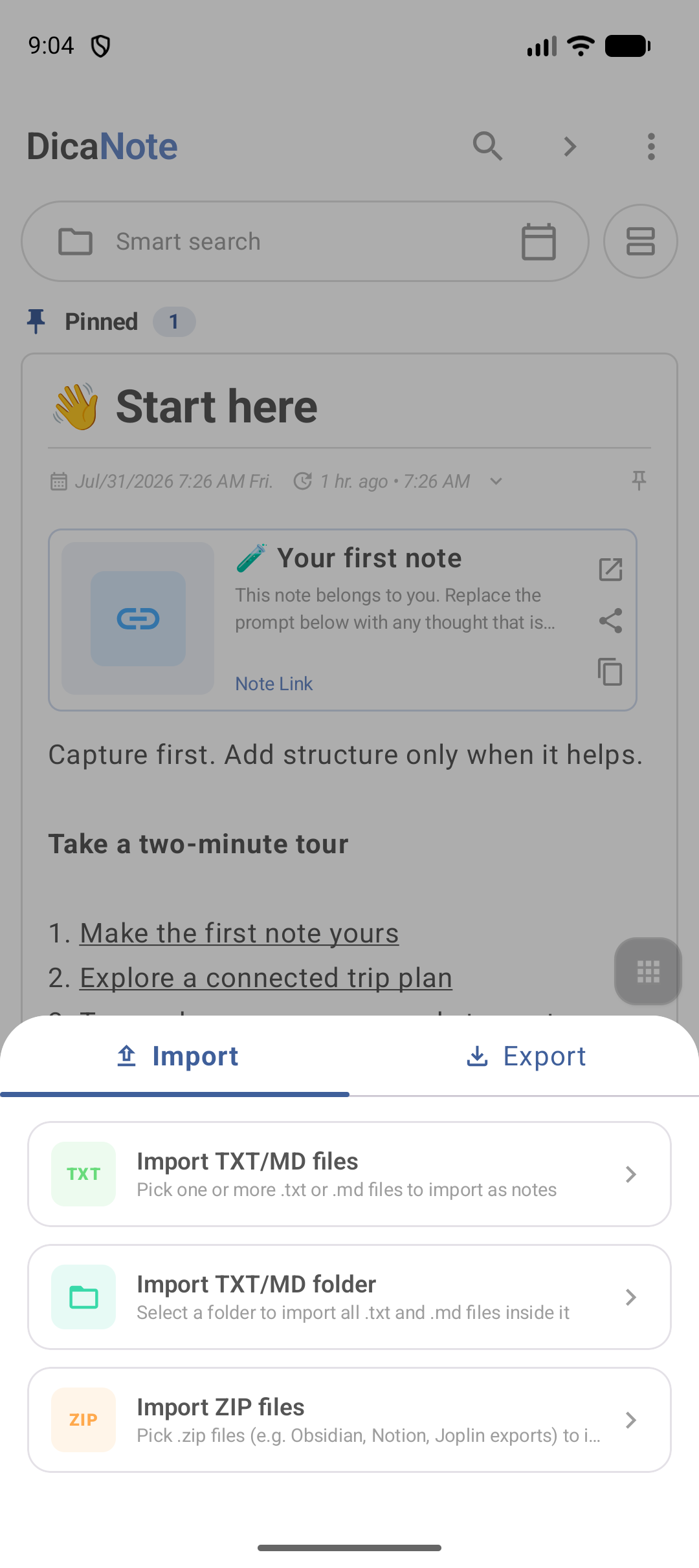 Painel Import e Export do DicaNote com opções para TXT, Markdown, pastas e ZIP