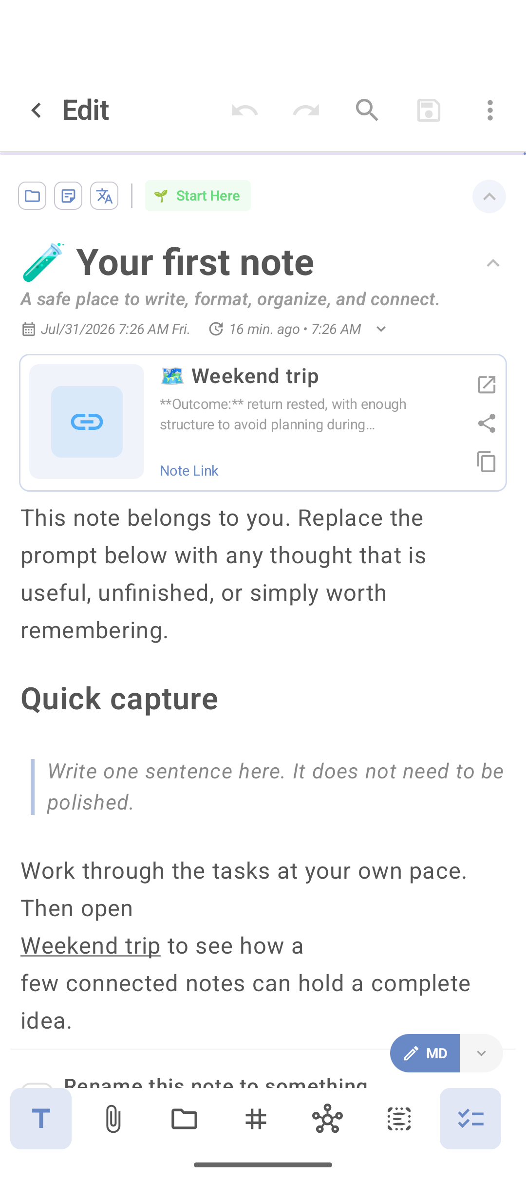 Editor do DicaNote mostrando um cartão de link interno para a nota Weekend trip
