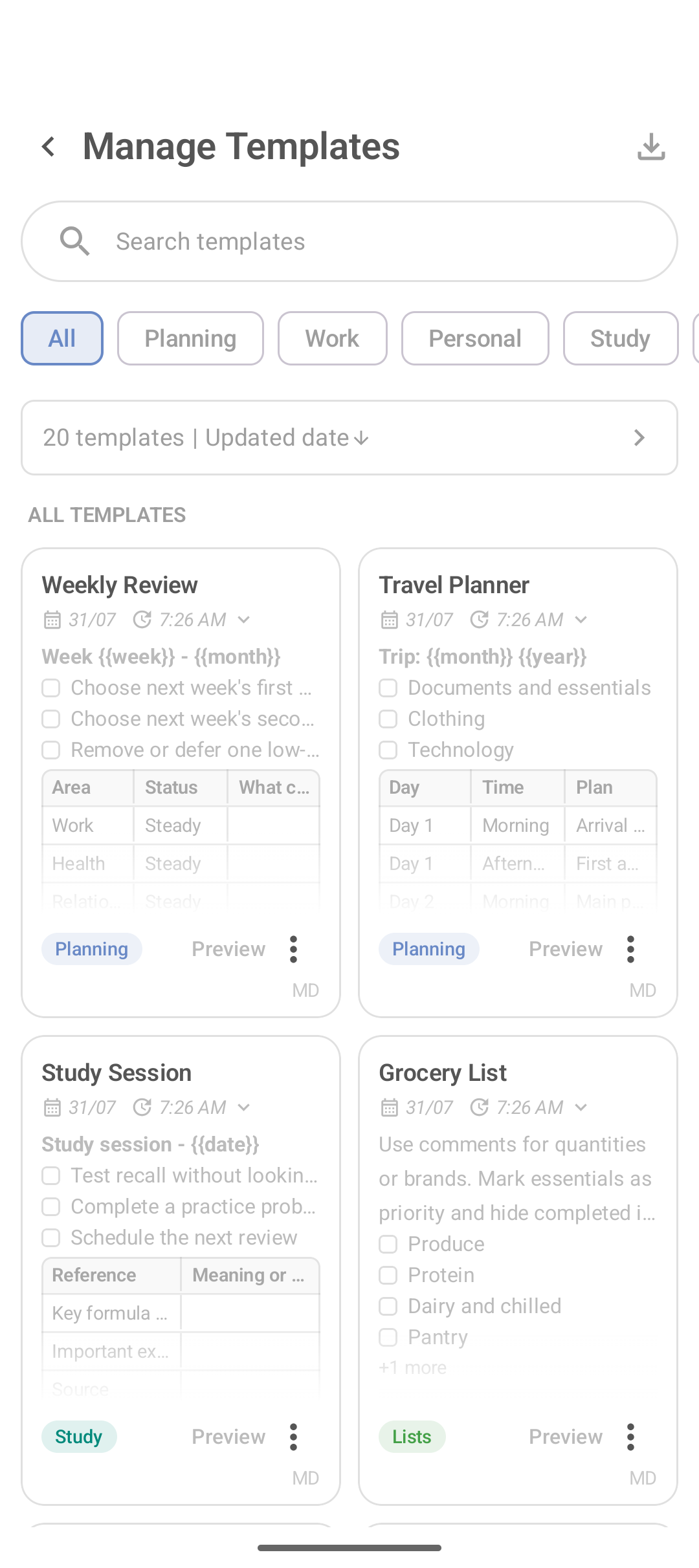 Galeria Manage Templates do DicaNote com modelos de revisão semanal, viagem, estudos e compras
