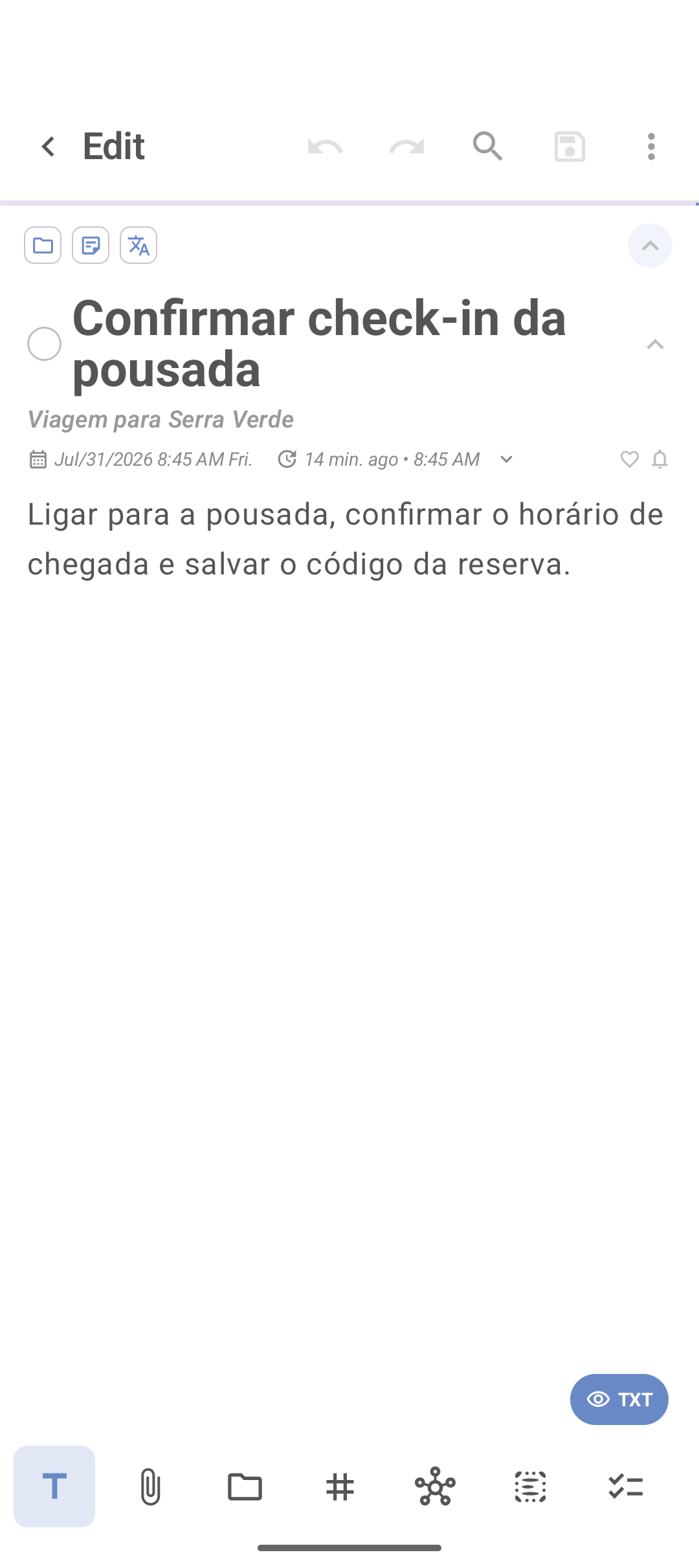 Tarefa Confirmar check-in da pousada aberta no editor do DicaNote