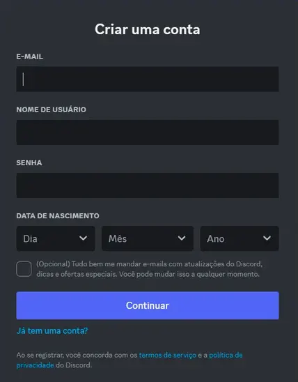 PASSO 1: Formulário para criar conta Discord