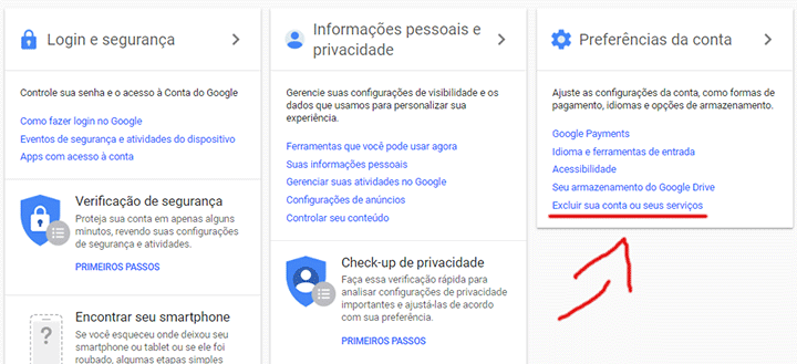 Página como excluir gmail do Google