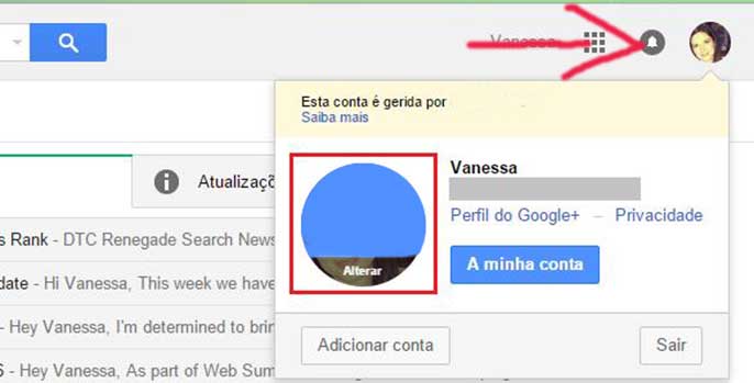 Página para mudar foto de perfil do Gmail email