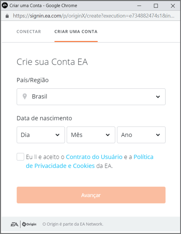 Origin criar conta