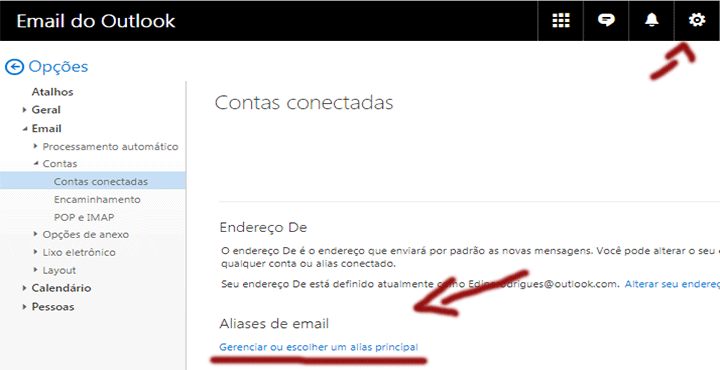 Tela configurar alias outlook.com