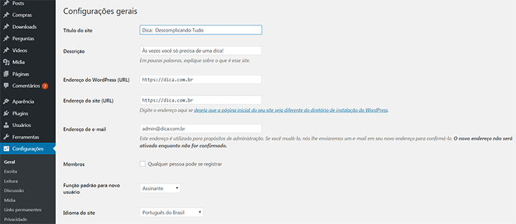 Painel de controle Wordpress