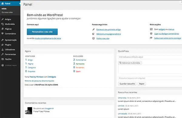 painel de controle do Wordpress